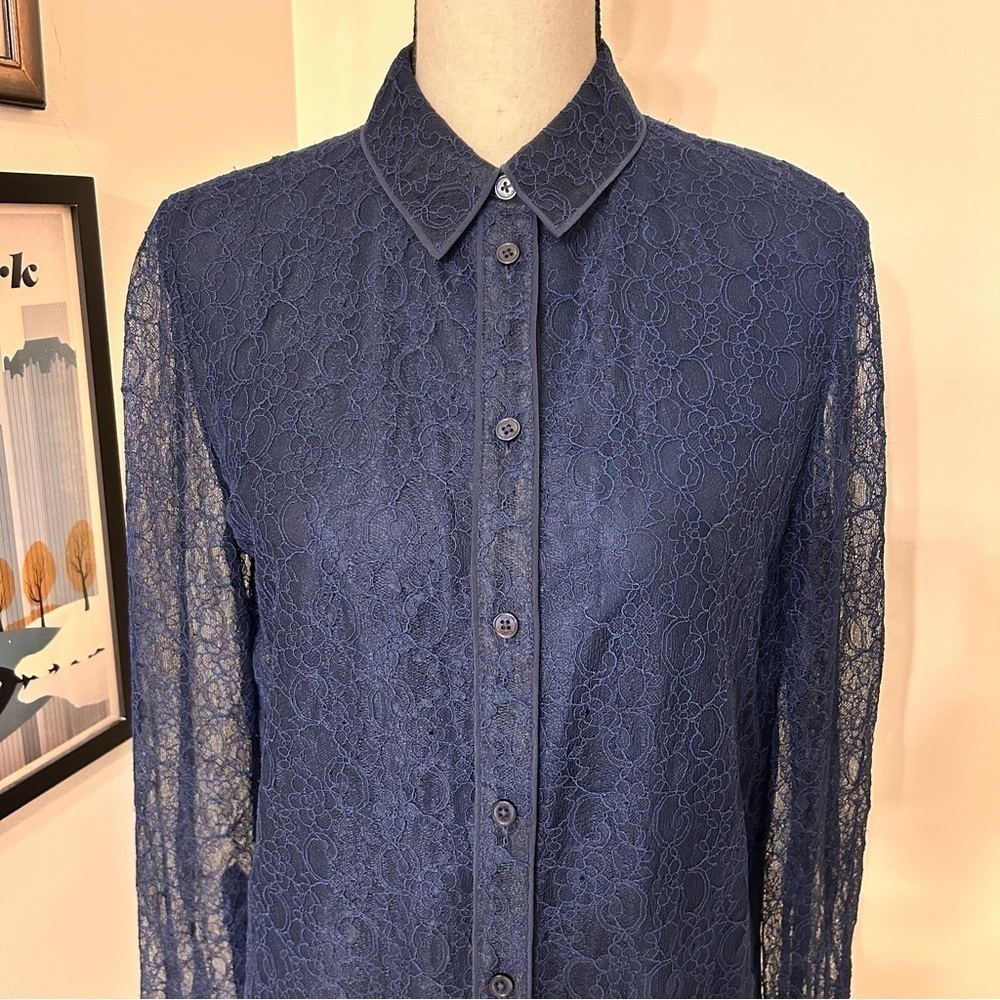 Tory Burch Navy Blue Lace Mesh Long Sleeve Blouse Top Size 8 - Picture 3 of 6